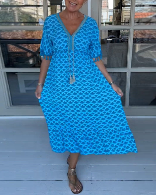 KEELA - CASUAL PRINTED V-NECK DRESS