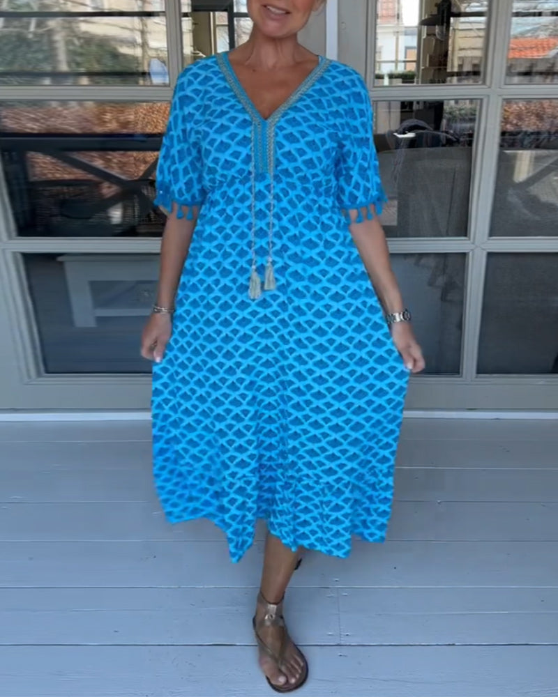KEELA - CASUAL PRINTED V-NECK DRESS