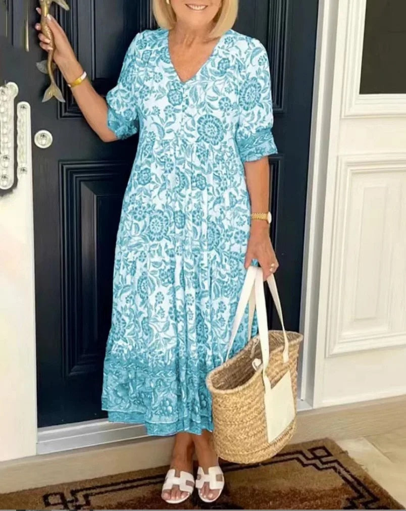 EVELYN - ELEGANT FLORAL DRESS WITH V-NECK
